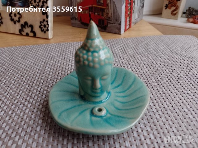 керамичен тюркоазен свещник за арома пръчици Буда от Тайланд, снимка 1