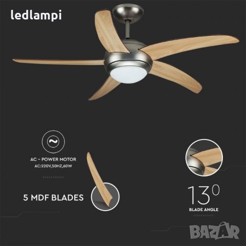 Вентилатор за таван 60W с лампа 2xE27 5перки 132cm, снимка 3 - Лампи за таван - 27945864
