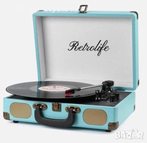 Retrolife грамофон в куфар с 3 скорости (33/45/78), Bluetooth, Син, снимка 1