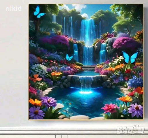 Водопад с цветя 5D гоблен диамантен картина мозайка за направа по схема с камъчета