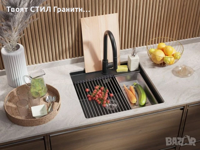Графит кухненска мивка за вграждане под плот Берген 60 Low 560x530 мм, снимка 4 - Мивки - 51415910