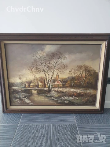 120х90см/стара голяма картина масло върху платно/пейзаж/село-река-мост/дървена рамка