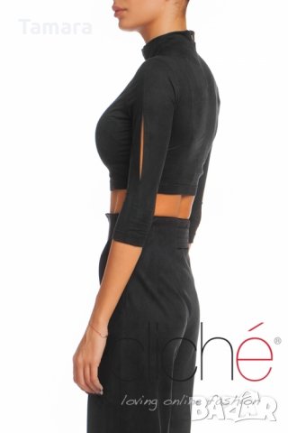 Късо поло от велур в маслинено зелено Cliche, снимка 5 - Корсети, бюстиета, топове - 28904199