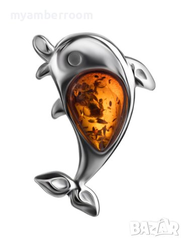Делфин. Сребърен медальон с кехлибар, снимка 1