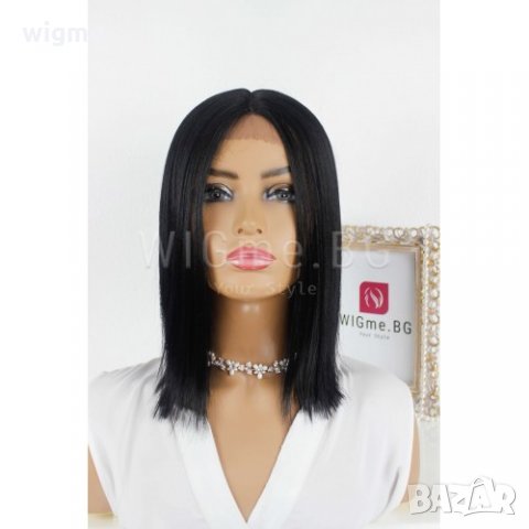 Къса черна права лейс фронт перука на каре Аманда