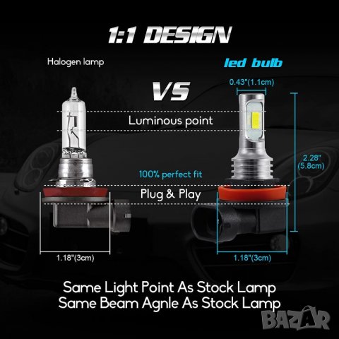 H11 ЛЕД Крушки за автомобил H11 LED Крушка за кола Без вентилатор, Бяла светлина. ХАШ 11, за мъгла, снимка 3 - Аксесоари и консумативи - 40054422