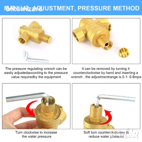 Редуктор на водно налягане 1/2 инча DN15 Регулируем месингов предпазен вентил –Включен манометър НОВ, снимка 2 - Напояване - 53434470