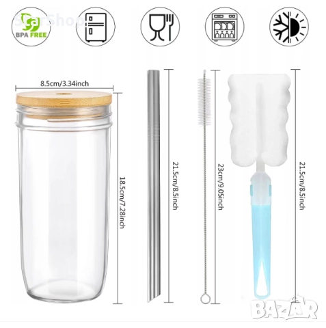 Комплект от 2 стъклени чаши за бабъл чай, с дървен капак и сламка, 720мл, прозрачни, 17,5х8,8х7см, снимка 2 - Други - 52021314