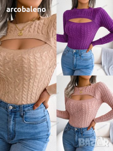 Дамски пуловер с изрязан дълъг ръкав с кръгло деколте, 3цвята - 023, снимка 1 - Блузи с дълъг ръкав и пуловери - 39894802