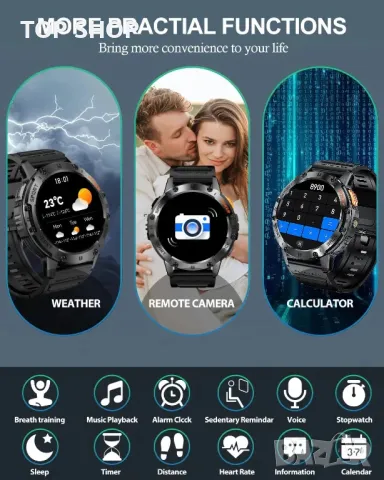 Смарт часовник за мъже, 530mAh батерия, 1,43" AMOLED дисплей, LED фенерче, Bluetooth разговор, IP68, снимка 8 - Смарт часовници - 49629292