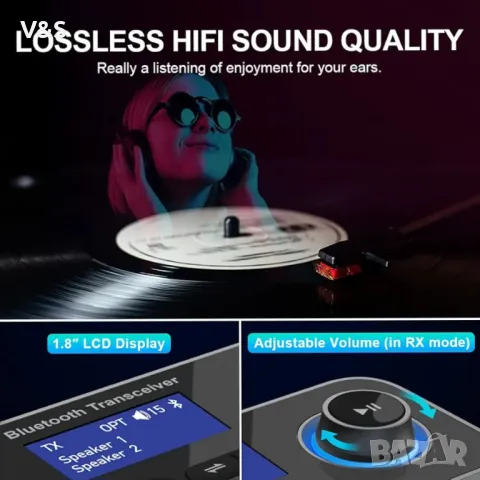 Bluetooth трансмитер приемник 3-в-1 Bluetooth 5.0 аудио адаптер за 2 слушалки с байпас контрол на си, снимка 8 - Други - 48604940