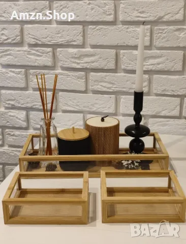 Комплект от 3 бамбукови кутии органайзери естествен бамбук / стъкло  , контейнери за съхранение, снимка 4 - Други - 49578455