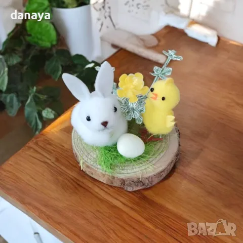 5836 Великденска украса зайче и пиле върху плочка, 8 см, снимка 2 - Декорация за дома - 49661230
