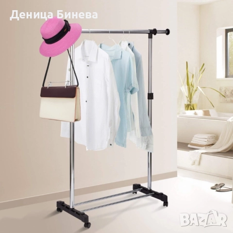 Сгъваема стойка за дрехи от неръждаема стомана, еднополюсна с колелца за дома, снимка 4 - Други стоки за дома - 52382958