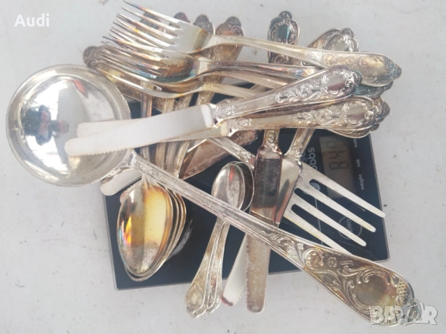 Сервиз посребрени прибори тегло 849 грама вилици, Лъжици ножове хранане маркирани сребро проба 800 I, снимка 6 - Антикварни и старинни предмети - 53396967