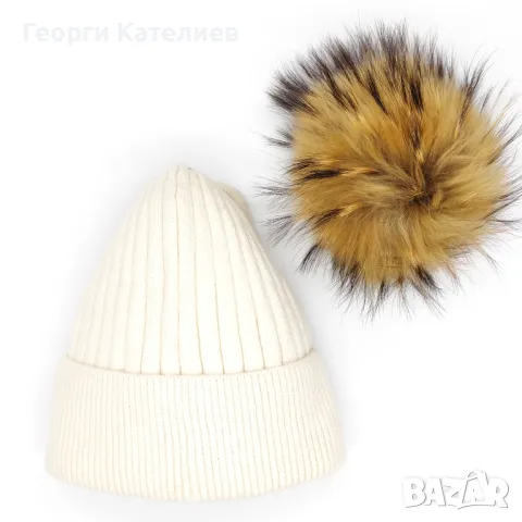 Дамска зимна шапка бяла с пух от естествен косъм и подплата Код на продукта:DASH-02-092, снимка 3 - Шапки - 48126623