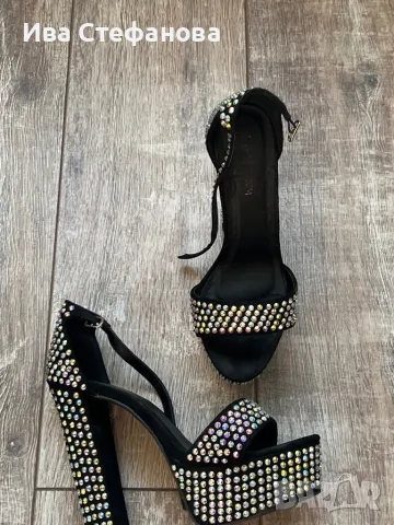 Елегантни официални парти  сандали висок дебел ток на платформа блестящи  камъни диаманти цирконий , снимка 4 - Сандали - 49922293