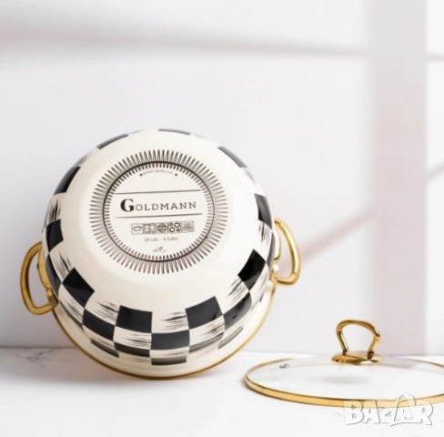 Тенджера Goldmann 24x15см. 6.2л./  26x16см. 8.5л., 4л., 5л., Емайл. Индукция. Бял/Черен каре, снимка 3 - Съдове за готвене - 52112879