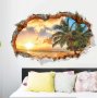Дупка изглед към море плаж с палма пейзаж стикер самозалепващ за стена декор