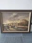 120х90см/стара голяма картина масло върху платно/пейзаж/село-река-мост/дървена рамка, снимка 1