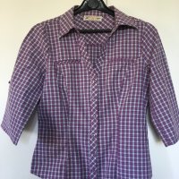 Памучна карирана риза М бяло и лилаво каре  ¾ къс ръкав, снимка 2 - Ризи - 26849375