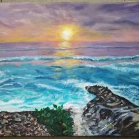Картина " Море по залез" - акрилни бои, р-р 25/30 см. , снимка 1 - Картини - 43580688