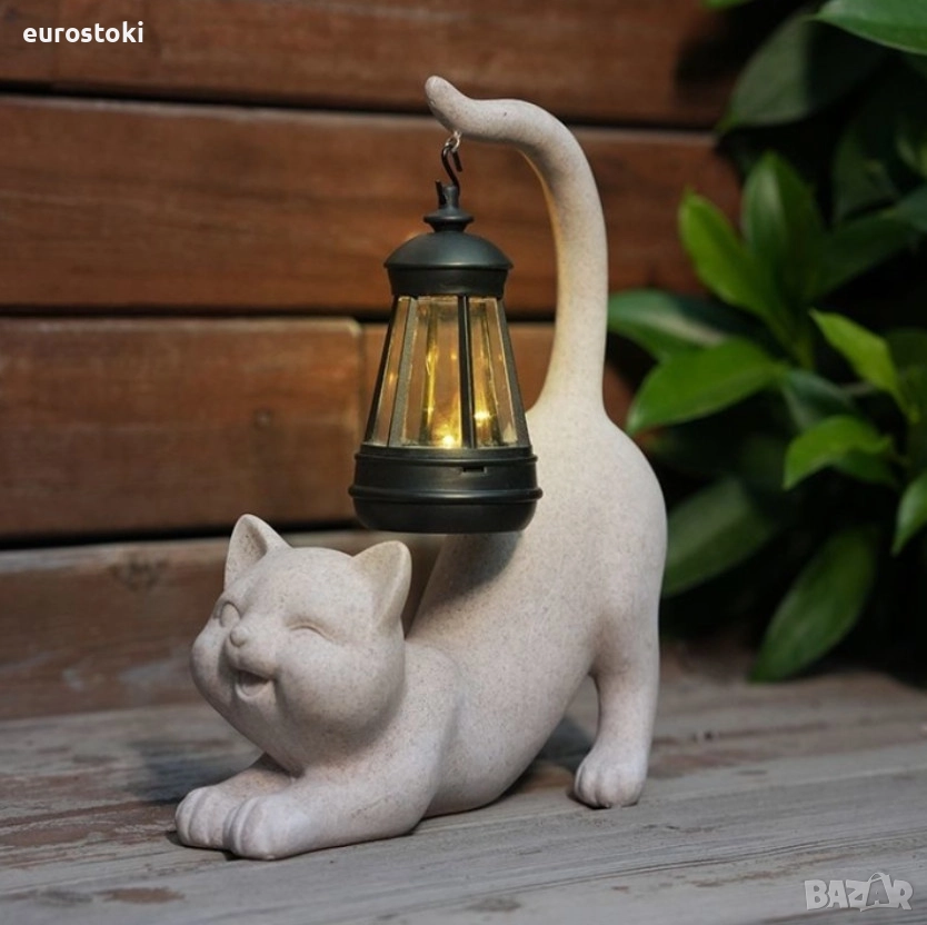 Декоративна статуя Котка със соларно фенерче, градинска фигурка от смола, декорация за дом/градина, снимка 1