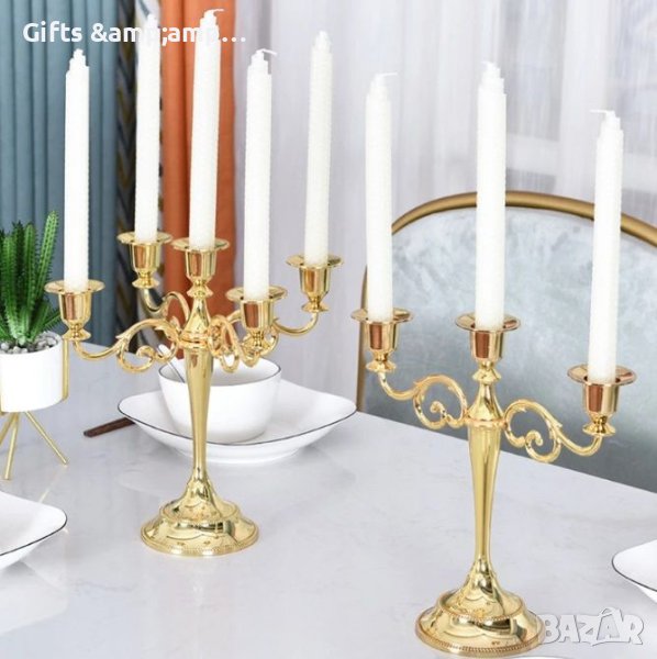 Метален свещик за три или пет свещи в златно, снимка 1