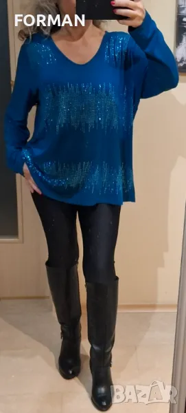 СТРАХОТНА блуза в цвят ПЕТРОЛИО със сини камъчета, снимка 1