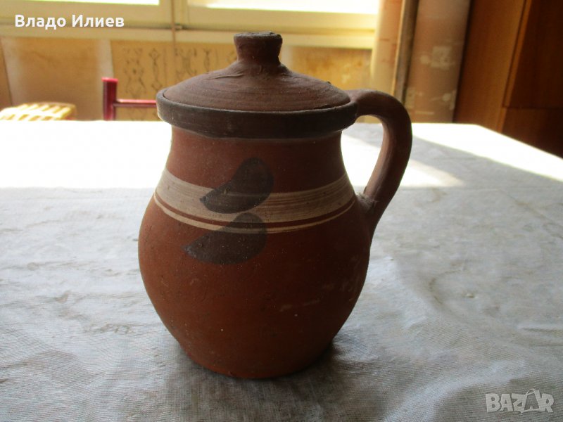 Гърненце и чашка с дълга дръжка керамични битови винтидж, снимка 1