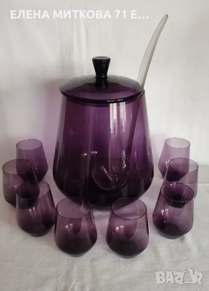 Комплект за пунш/компот или каквото си решите от цветно кристално стъкло в наситено лилаво, снимка 1
