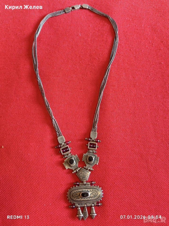Колекционерско сребърно колие с ГРАНАТ,ОНИКС Японски стил ювелирна изработка 50804, снимка 1