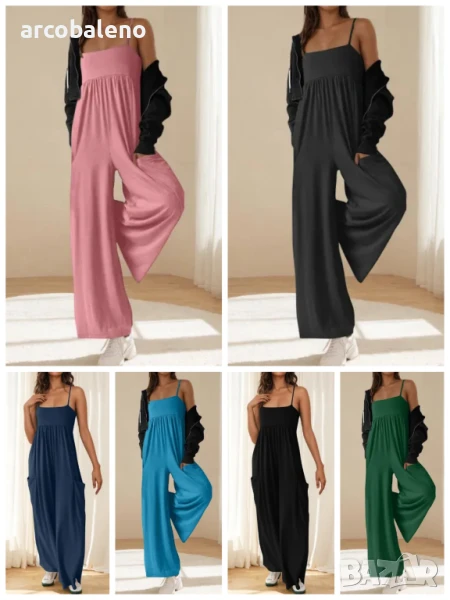 Дамски ежедневен гащеризон без ръкави с квадратно деколте и широки крачоли, 6цвята , снимка 1