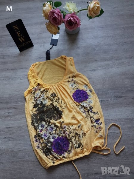 НОВА колекция жълт потник с лилави цветя и камъни на намаление, снимка 1