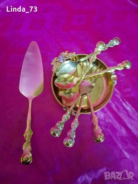 Сет за три човека+шпатула за торта+пепелник,цвят-Gold. Внос от Германия., снимка 1