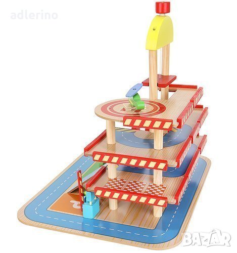 Детски дървен паркинг, паркинг гараж, 3 нива, дървесина, аксесоари, снимка 1