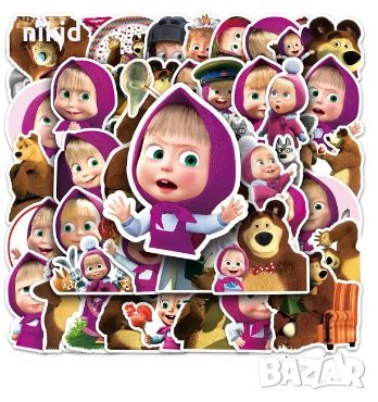 50 бр Маша и Мечока самозалепващи лепенки стикери за украса декор картонена торта и др, снимка 1