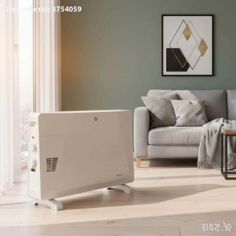 Конвекторен отоплител Rosberg – 2500W, 3 степени, с вентилатор, защита от прегряване (бял или черен), снимка 1