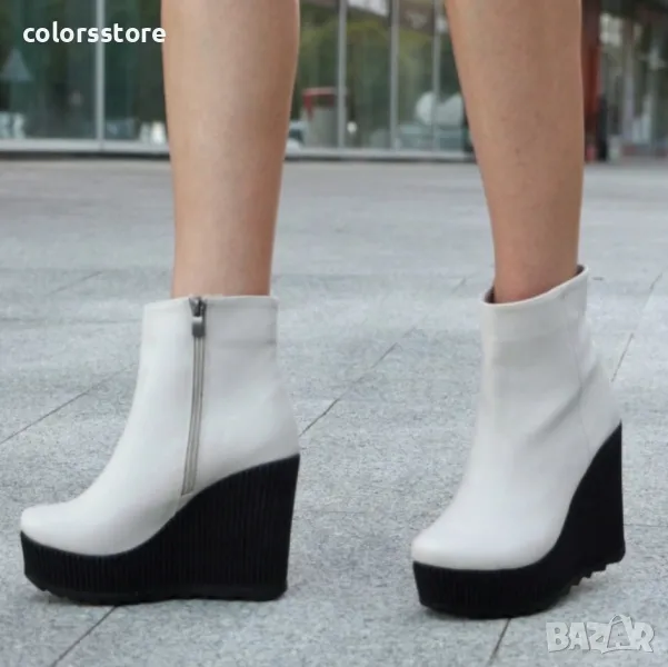 Боти на платформа - бежова кожа с черно ходило - BNP1, снимка 1