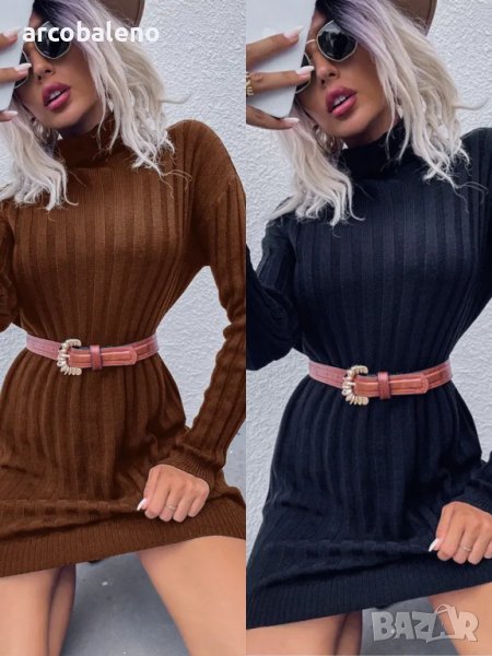 Дамска широка пуловерна рокля с висока яка и дълги ръкави, 2цвята , снимка 1