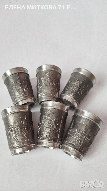 Комплект от 6 малки чашки/шотове от релефен калай масивни, снимка 1