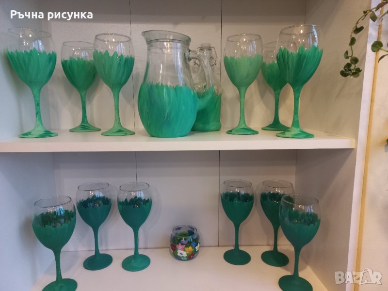 Комплекти чаши и кана в щрихи зелено, снимка 1