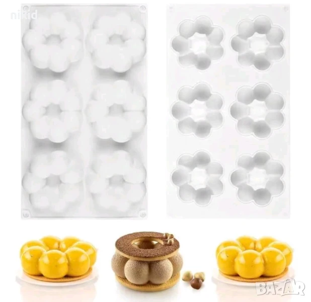 6 цветя цвете от топчести понички едри силиконов молд форма мус кексчета мъфини гипс шоколад сапун , снимка 1