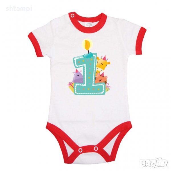 Бебешко боди First Birthday candle Animals blue, снимка 1