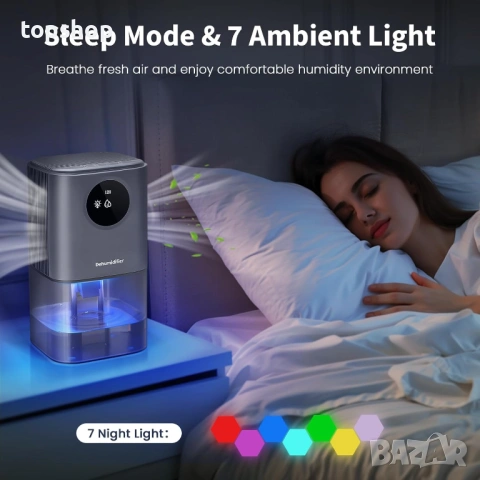 Нов Влагоабсорбатор 1700мл – Тих, с Таймер и 7-цветно LED осветление , снимка 3 - Влагоабсорбатори и влагоуловители - 53390198