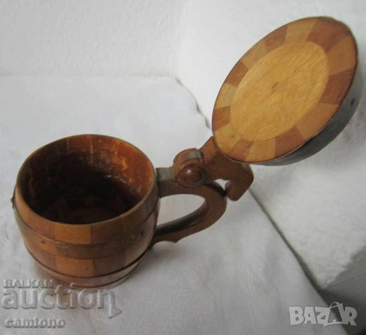 Стара дървена халба с капак, съд, Германия, форма буре, снимка 3 - Антикварни и старинни предмети - 28884182