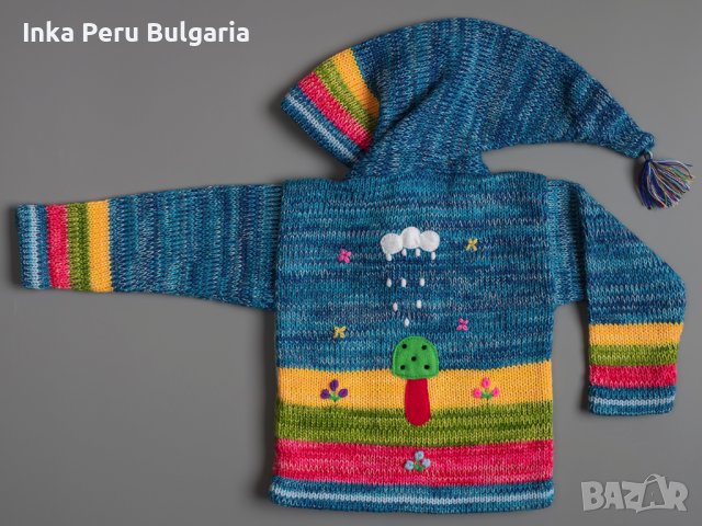 Синя перуанска детска жилетка с елфска качулка, размери от 0 до 7 години , снимка 2 - Детски пуловери и жилетки - 35537592