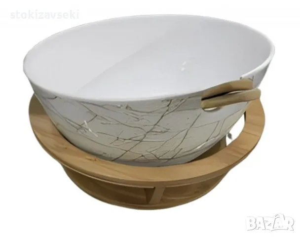 Керамична купа с дървена стойка и мраморен ефект, снимка 1