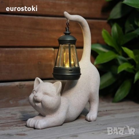 Декоративна статуя Котка със соларно фенерче, градинска фигурка от смола, декорация за дом/градина