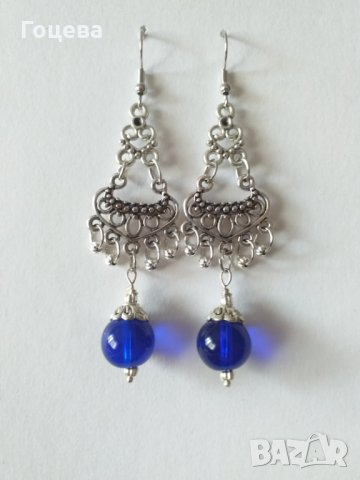  Прелестни обици с кобалтови сини мъниста и орнаменти в цвят Сребро , снимка 4 - Обеци - 33116591